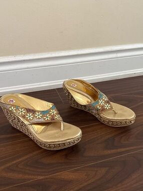 Embellished Gold Wedge Thong Sandals - Women Cultural